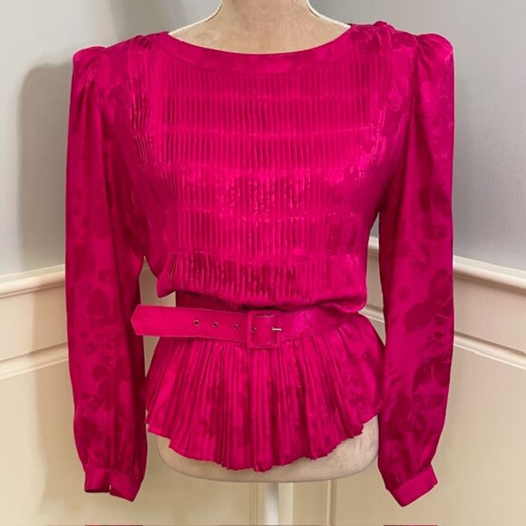 Vintage Argenti 100% Silk Satin Pleated Peplum Blouse Puff Sleeve Pink 12 - Picture 3 of 10